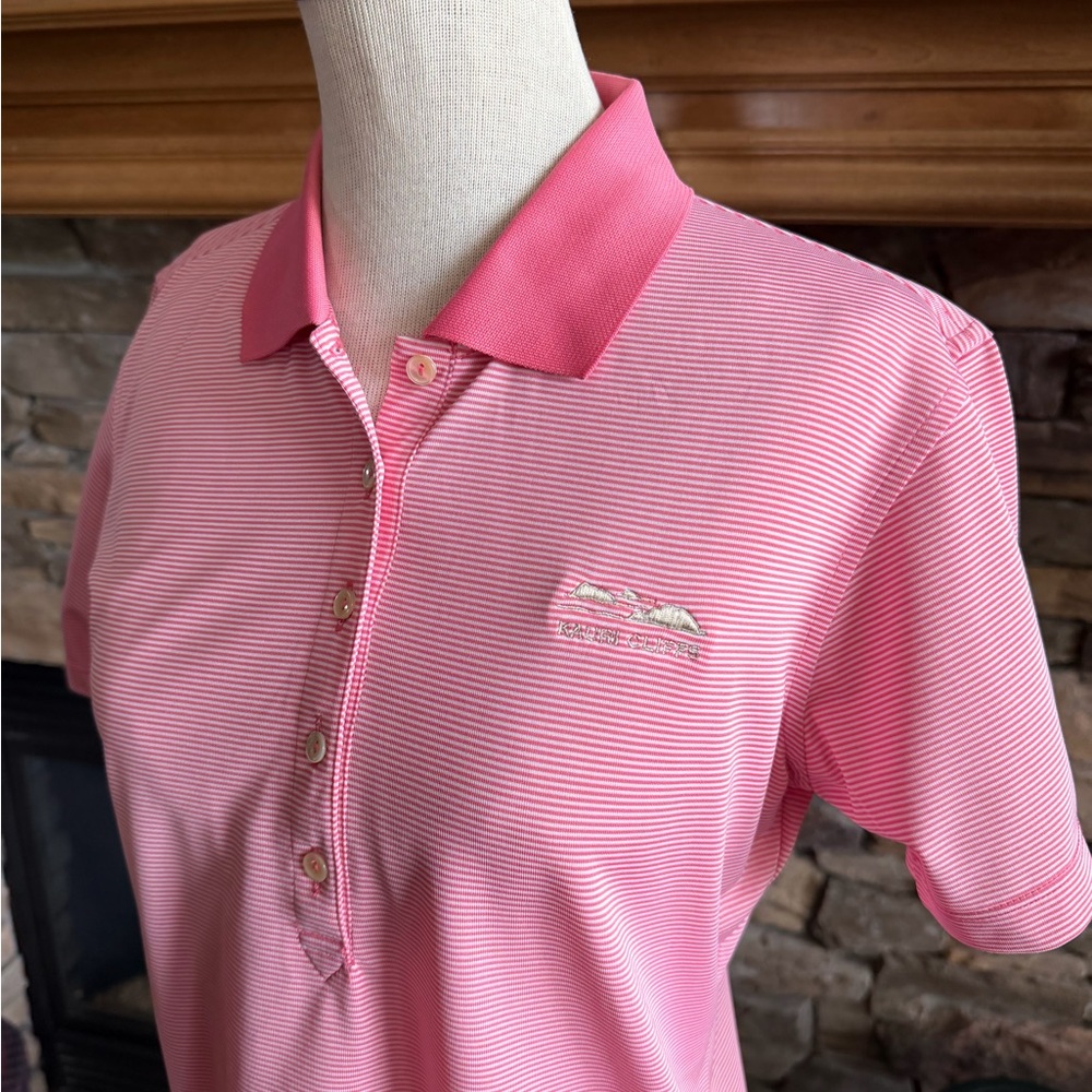 PETER MILLAR ⛳️ Women’s Pink & White Stripe ‘KAURI CLIFFS’ Perf Golf Shirt - MED